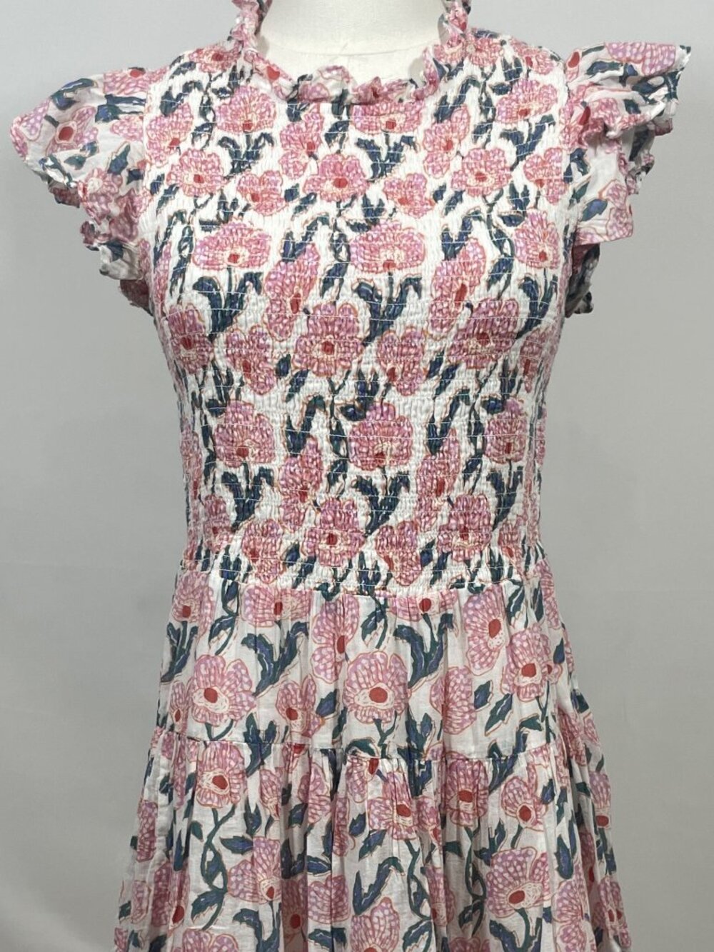 Oliphant "Smocked Flirty" Pink Hand-Block Print Flutter-Sleeve Mini Dress Size L